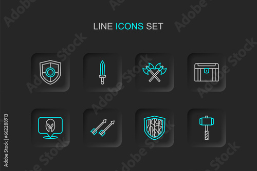 Set line Battle hammer, Shield, Medieval arrows, helmet, Antique treasure chest, Crossed medieval axes, sword and icon. Vector © Iryna