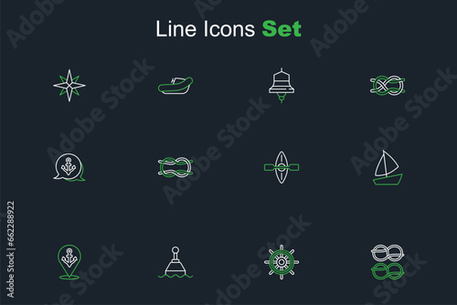 Set line Nautical rope knots, Ship steering wheel, Floating buoy, Location with anchor, Yacht sailboat, Kayak and paddle, and Anchor icon. Vector