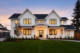 Beautiful modern farmhouse style luxury home exterior at twilight 