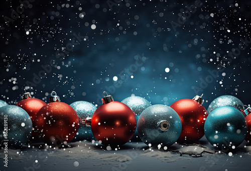 Red Christmas balls over a blue background, © hakule