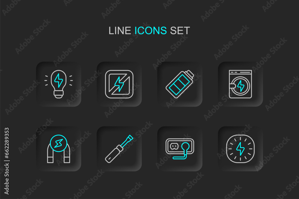 Set line Lightning bolt, Electrical outlet, Screwdriver, Magnet, Washer, Battery charge, No lightning and Creative lamp idea icon. Vector