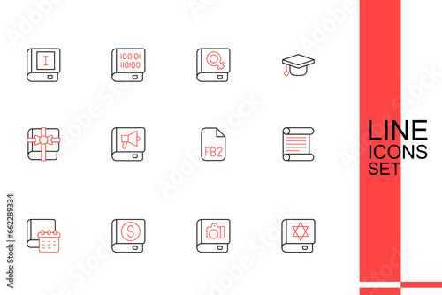 Set line Jewish torah book, Photo album gallery, Financial, Daily paper notepad, Decree, parchment, scroll, FB2 File, Book and as gift icon. Vector