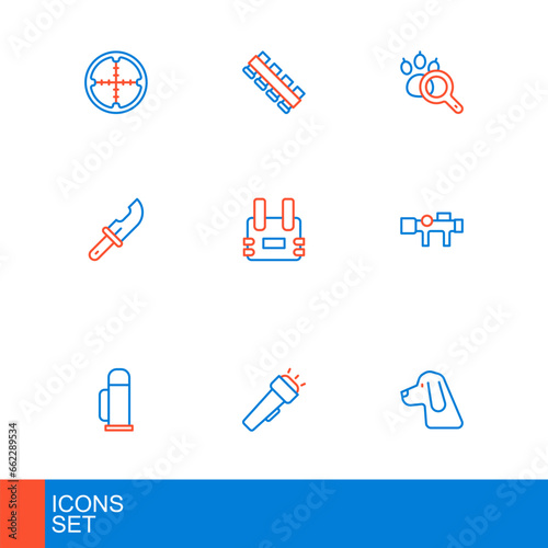 Set line Hunting dog, Flashlight, Thermos container, Sniper optical sight, Hunter knife, Bulletproof vest, Paw search and cartridge belt icon. Vector