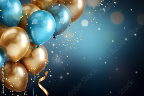 Holiday background with gold and blue balloons, rainbow confetti and ribbons. Festive card, anniversary, new year, Christmas.