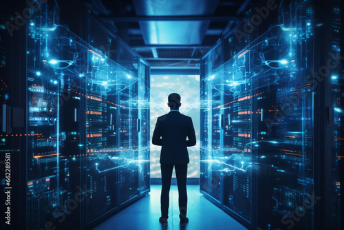 Internet business and digital network technology and data center cyber security with engineers working in server room. Troubleshooting with programmers