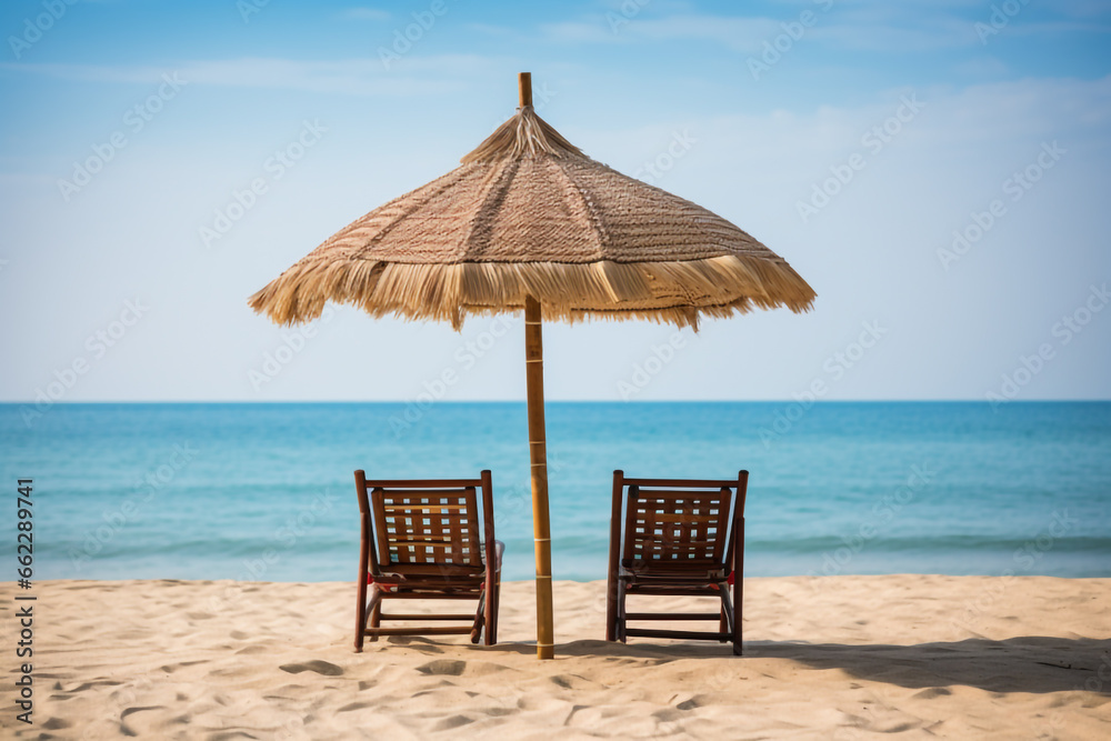Chairs In Tropical Beach With Palm Trees On Coral Island
