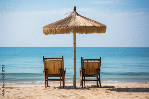 Chairs In Tropical Beach With Palm Trees On Coral Island photo