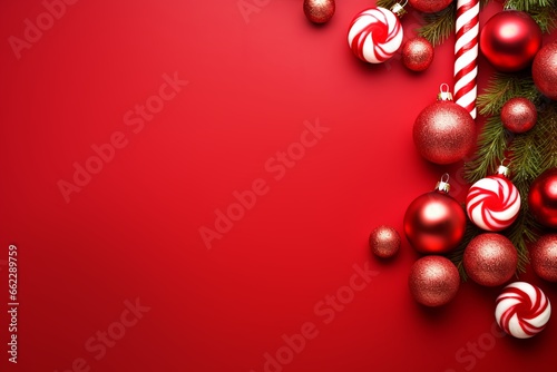 Red Christmas decorations with Red Ornaments Illustration of the New Year on a Red Background with Copy Space Top-down flat lie. Minimalist aesthetics.