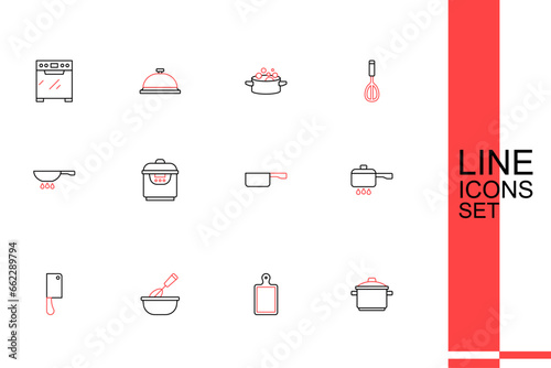 Set line Cooking pot, Cutting board, whisk with bowl, Meat chopper, on fire, Frying pan, Slow cooker and icon. Vector