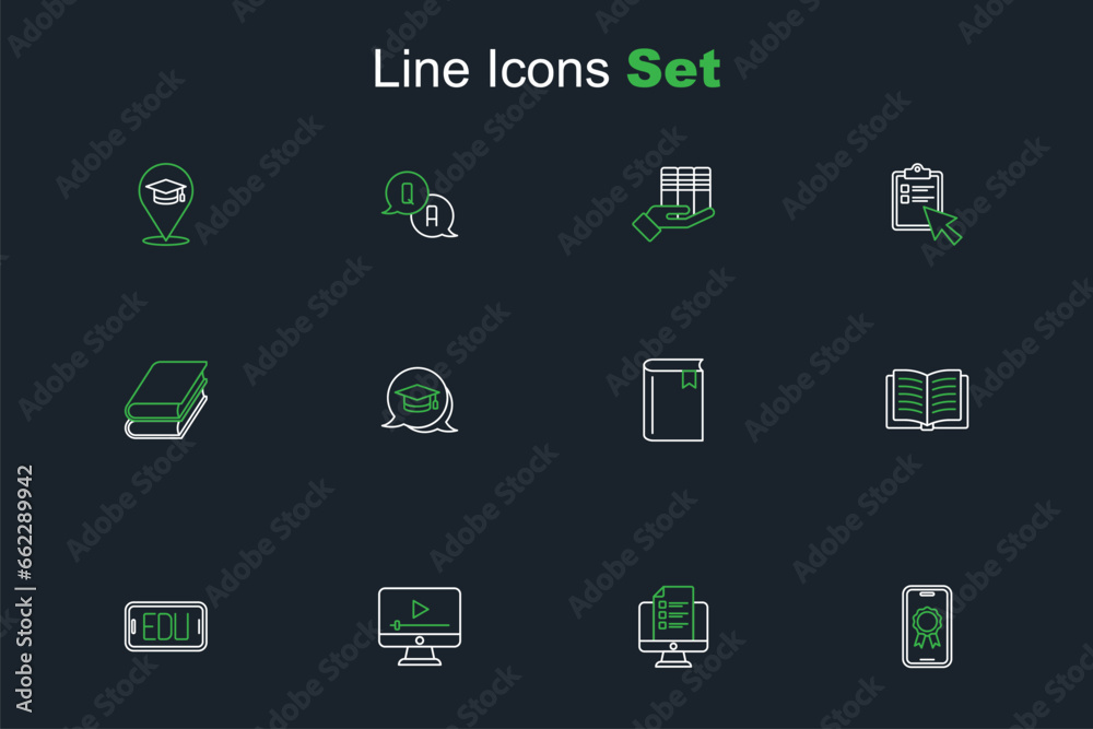 Set line Online education with diploma, quiz, test, survey, play video, Open book, Book, Graduation cap speech bubble and icon. Vector Set line Online education with diploma, quiz, test, survey, play video, Open book, Book, Graduation cap speech bubble and icon. Vector