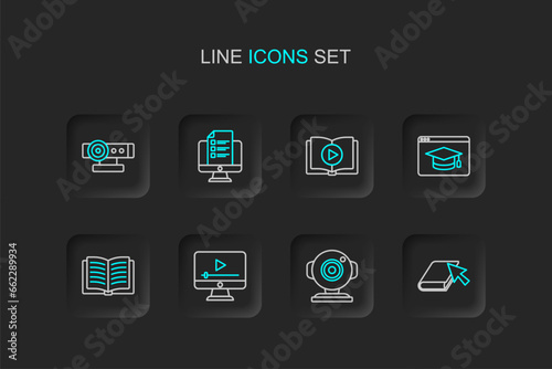 Set line Online book, Web camera, play video, Open, education, Audio, quiz, test, survey and icon. Vector
