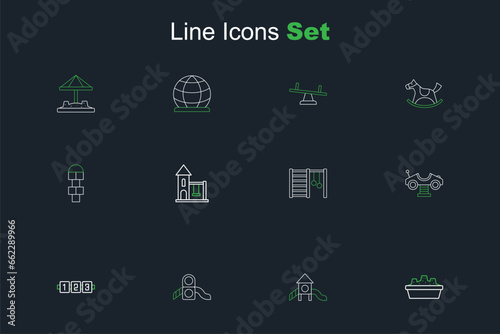 Set line Sandbox with sand, Slide playground, Education logic game, Swing car, Swedish wall, for kids and Hopscotch icon. Vector