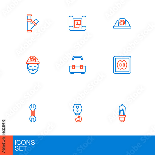 Set line Light bulb, Crane hook, Wrench spanner, Electrical outlet, Builder, Toolbox, Worker safety helmet and House plan icon. Vector