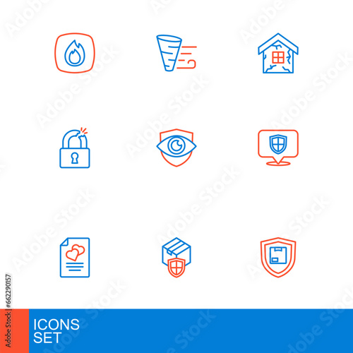 Set line Delivery security with shield, Marriage contract, Location, Broken or cracked lock, Shield and eye, House and Tornado icon. Vector