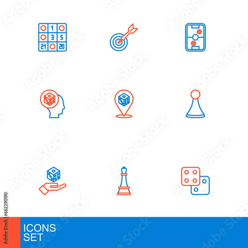 Set line Game dice, Chess, Chip for board game, Air hockey table and Classic dart and arrow icon. Vector