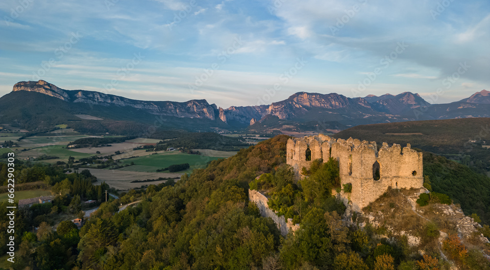 Ruins of the castle of Soyans in Provence in the Drôme during sunset, France