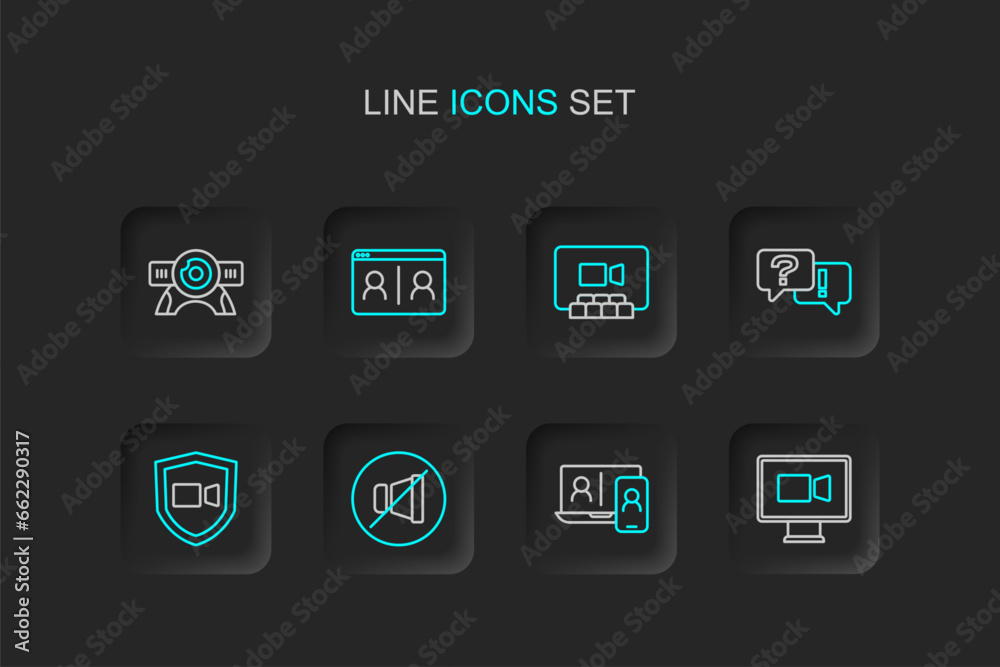 Set line Video chat conference, Mute microphone, Question and Answer, and Web camera icon. Vector Set line Video chat conference, Mute microphone, Question and Answer, and Web camera icon. Vector
