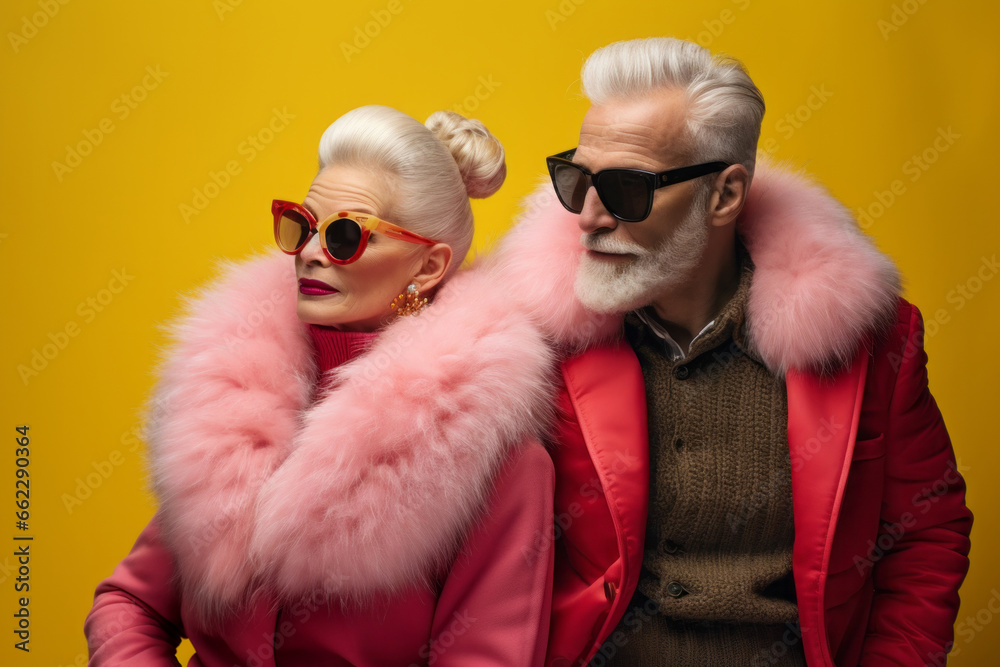 An older, eccentric couple braves the winter cold with funky fashion, sporting fur coats and sunglasses as they pose against an indoor wall, their goggles and eyewear adding a touch of wildness An older, eccentric couple braves the winter cold with funky fashion, sporting fur coats and sunglasses as they pose against an indoor wall, their goggles and eyewear adding a touch of wildness