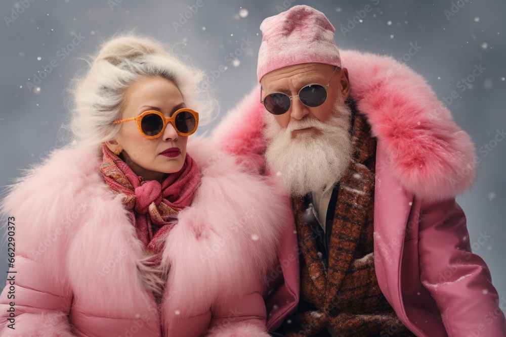 Obraz premium An older couple embraces the eccentricity of winter, donning pink fur coats and funky sunglasses as they pose confidently in the snowy outdoors