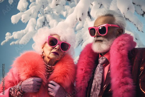 An older, eccentric senior couple donning funky pink fur coats and stylish sunglasses stand out against the winter landscape, with snow-covered trees and a bright blue sky serving as their backdrop photo