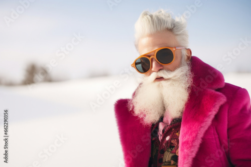 An older couple braves the winter chill with funky fashion  as the eccentric man dons a pink jacket and red goggles over his beard and sunglasses  gazing at the snowy sky with a wild carefree spirit