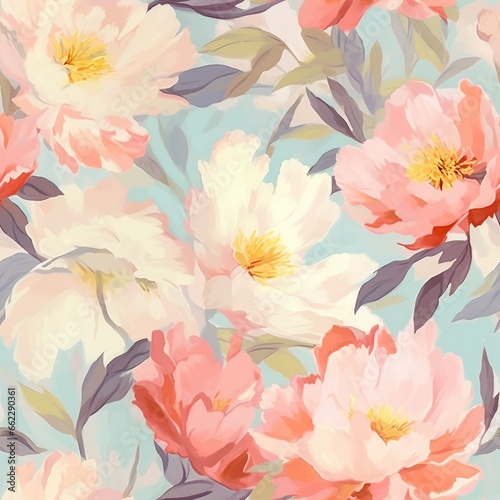 delicate pastel light floral peonies pattern with paint strokes. generative ai.