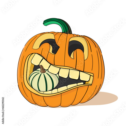 Halloween pumpkin on a white background. The main symbol of the Happy Halloween holiday. Orange pumpkin. Vector illustration. 