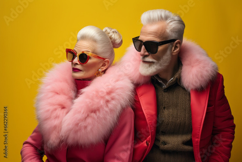 An older, eccentric couple braves the winter cold with funky fashion, sporting fur coats and sunglasses as they pose against an indoor wall, their goggles and eyewear adding a touch of wildness