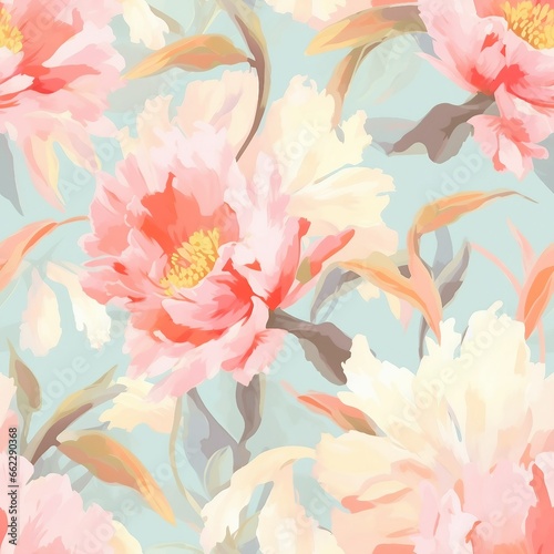 delicate pastel light floral peonies pattern with paint strokes. generative ai.