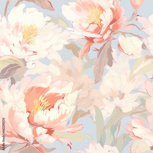 delicate pastel light floral peonies pattern with paint strokes. generative ai.