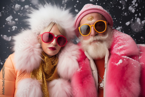 An eccentric senior couple braves the winter cold in their funky pink and gold sunglasses, fur coats, and goggles, making a bold fashion statement as they embrace the snowy outdoors