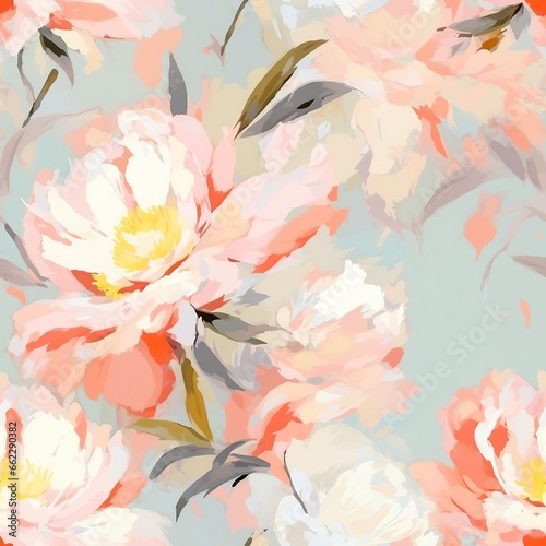 delicate pastel light floral peonies pattern with paint strokes. generative ai.