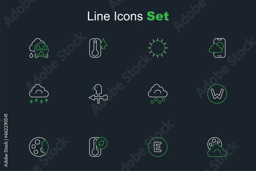 Set line Cloud with moon, Compass west, Thermometer, Moon phases, north, Hail cloud, Rooster weather vane and snow icon. Vector