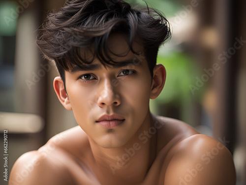 portrait of handsome asian guy in summer clothes posing in the street.