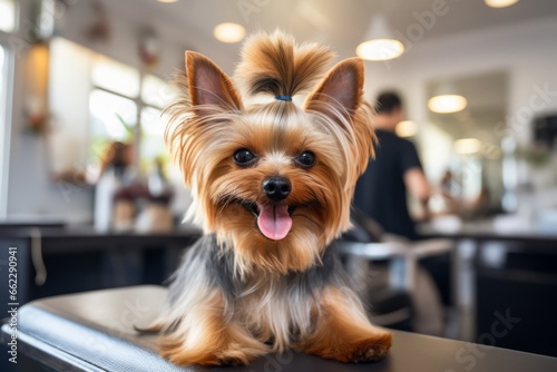 a small cute yorkshire terrier getting his hair groomed and cut at the hairdresser salon for dogs. Satisfied clean pet