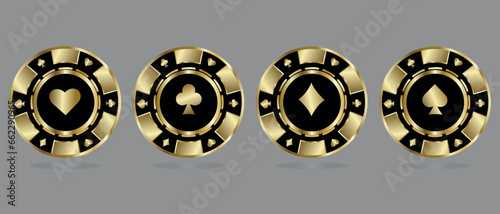 Set of casino chips in gold style. Stylish gold chips for casinos. Vector illustration isolated on gray background. Casino concept.