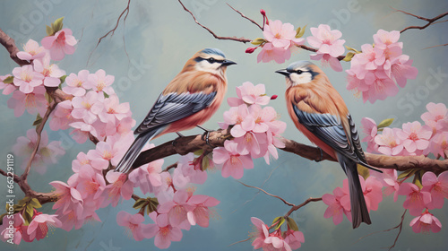 Two little birds sitting on the branch of a blossom sakura flower tree. © Muhammad