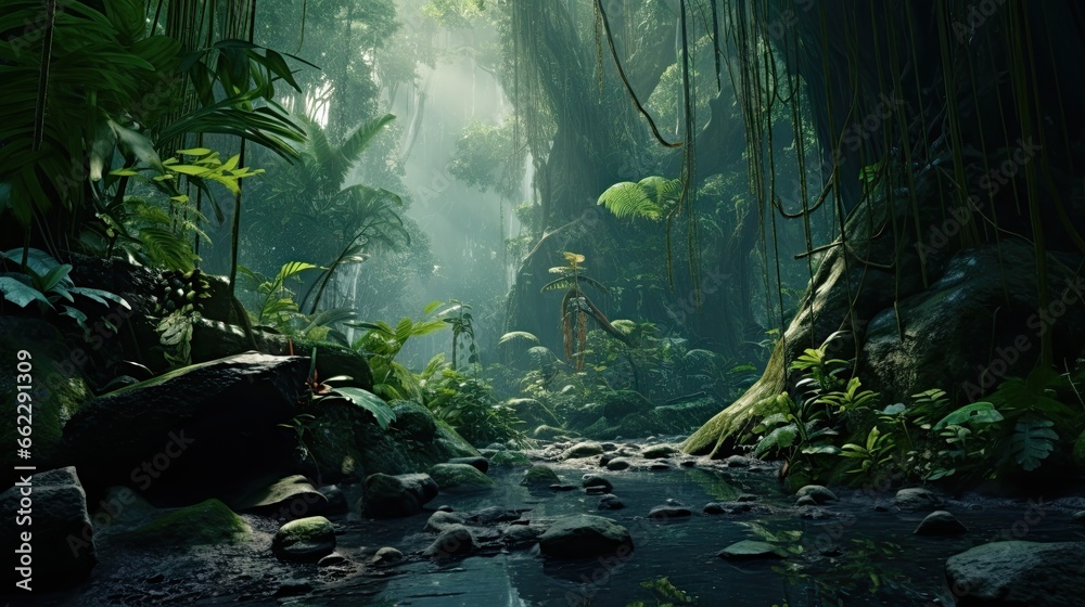  a jungle scene with a stream in the middle of the jungle.  generative ai
