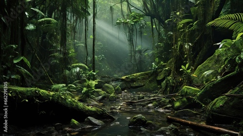  a stream running through a lush green forest filled with trees. generative ai