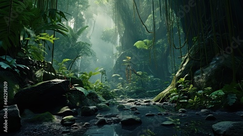  a jungle scene with a stream in the middle of the jungle.  generative ai