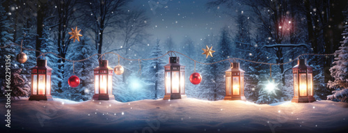 Christmas lanterns, Christmas tree and Christmas lights in the snow