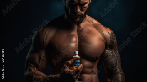 Bodybuilder on steroids holds a flask for doping agent 