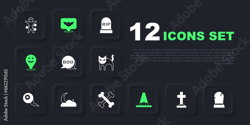 Set Tombstone with cross, RIP written, Boo speech bubble, Witch hat, Happy Halloween holiday, Moon and stars, Flying bat and Crossed bones icon. Vector