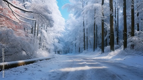  a snowy road in the middle of a forest filled with trees. generative ai
