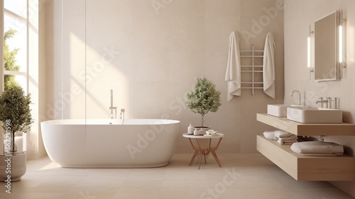  a white bath tub sitting next to a window in a bathroom.  generative ai