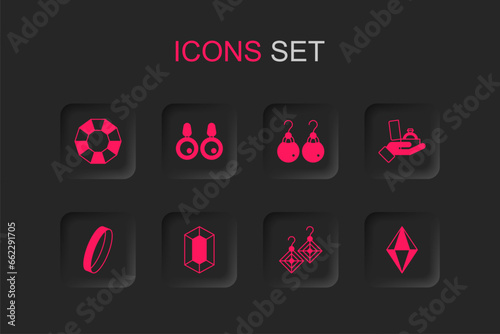 Set Gem stone, Earrings, Diamond, engagement box, and Wedding icon. Vector