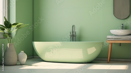  a bathroom with a green wall and a white bathtub.  generative ai