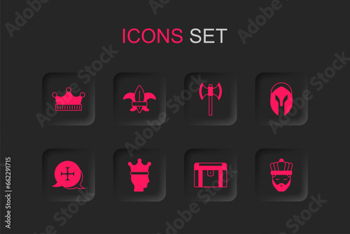 Set King crown, Fleur de lys or lily flower, Antique treasure chest, Medieval helmet, with, poleaxe and Crusade icon. Vector