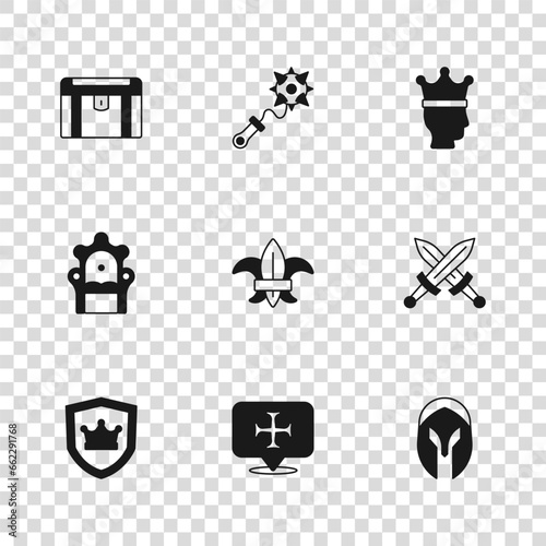 Set Crusade, Crossed medieval sword, Medieval helmet, Fleur lys lily flower, King crown, Antique treasure chest, Mace with spikes and throne icon. Vector