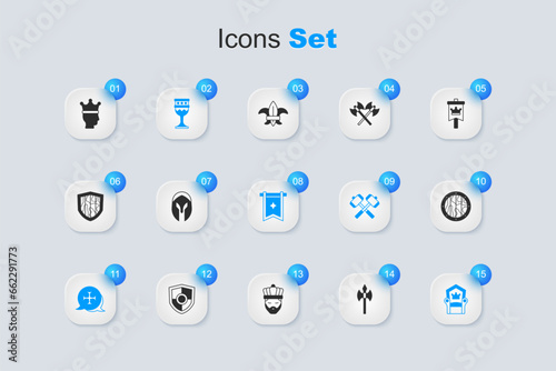 Set Medieval axe, helmet, goblet, Crusade, throne, Round wooden shield, King crown and flag icon. Vector